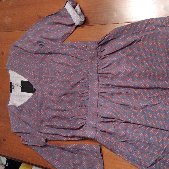 Color Block Long Sleeve Mini Dress, Size Small, Steel Blue/Red & Tan Design - Picture 6 of 10